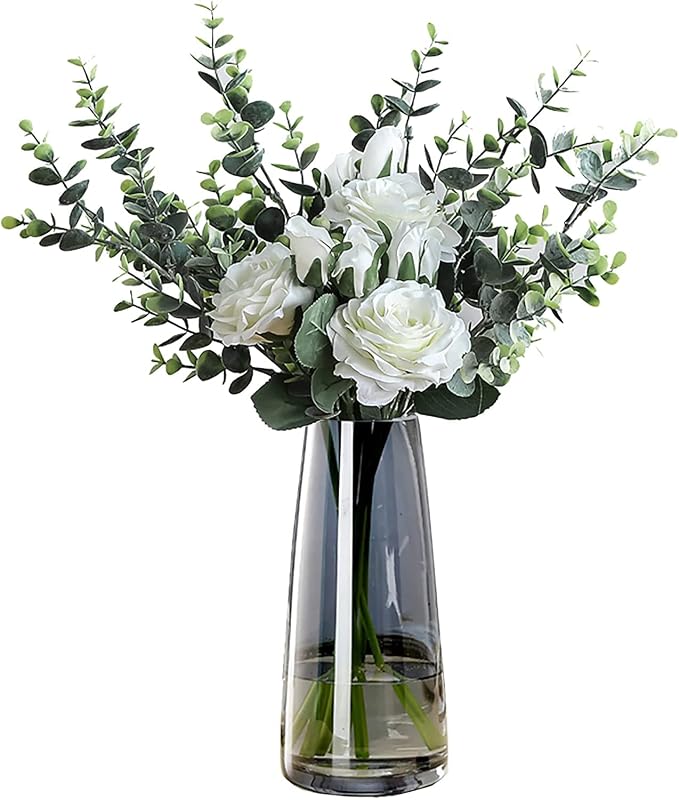 FANTESTICRYAN Jarrón de cristal moderno, floreros decorativos de 8,7 pulgadas de alto, gris cristal | Jarrón de cristal de color negro, jarrones florales frescos/falsos, para decoración de centro de mesa de oficina en casa, regalo de inauguración de la casa para amantes