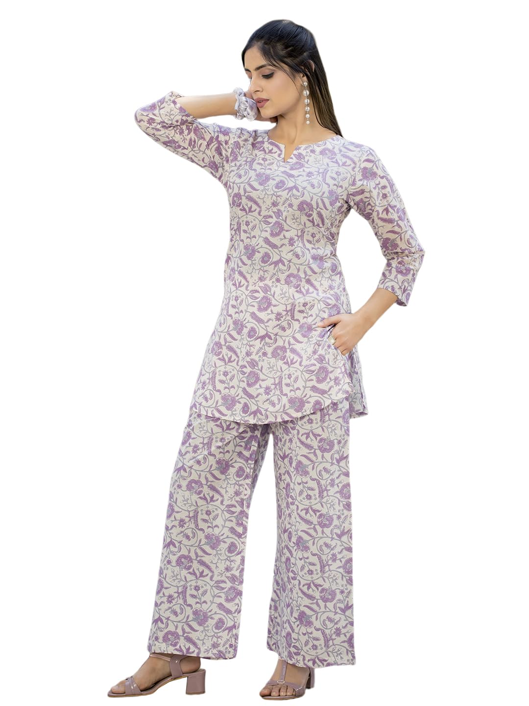 Pinkmint Pure Cotton Co Ord Set For Women L Flower & Leaf Pattern Set L 3/4 Sleeve Co Ord Set