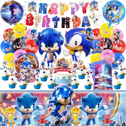 SoNi Birthday Decorations Boys Girls- Kids Party Decorations Tableware Set Reusable Birthday Ballons Happy Birthday Banner Paper Plates Napkins Tablecloth Cake Topper for 10-20 Guests Party Supplies