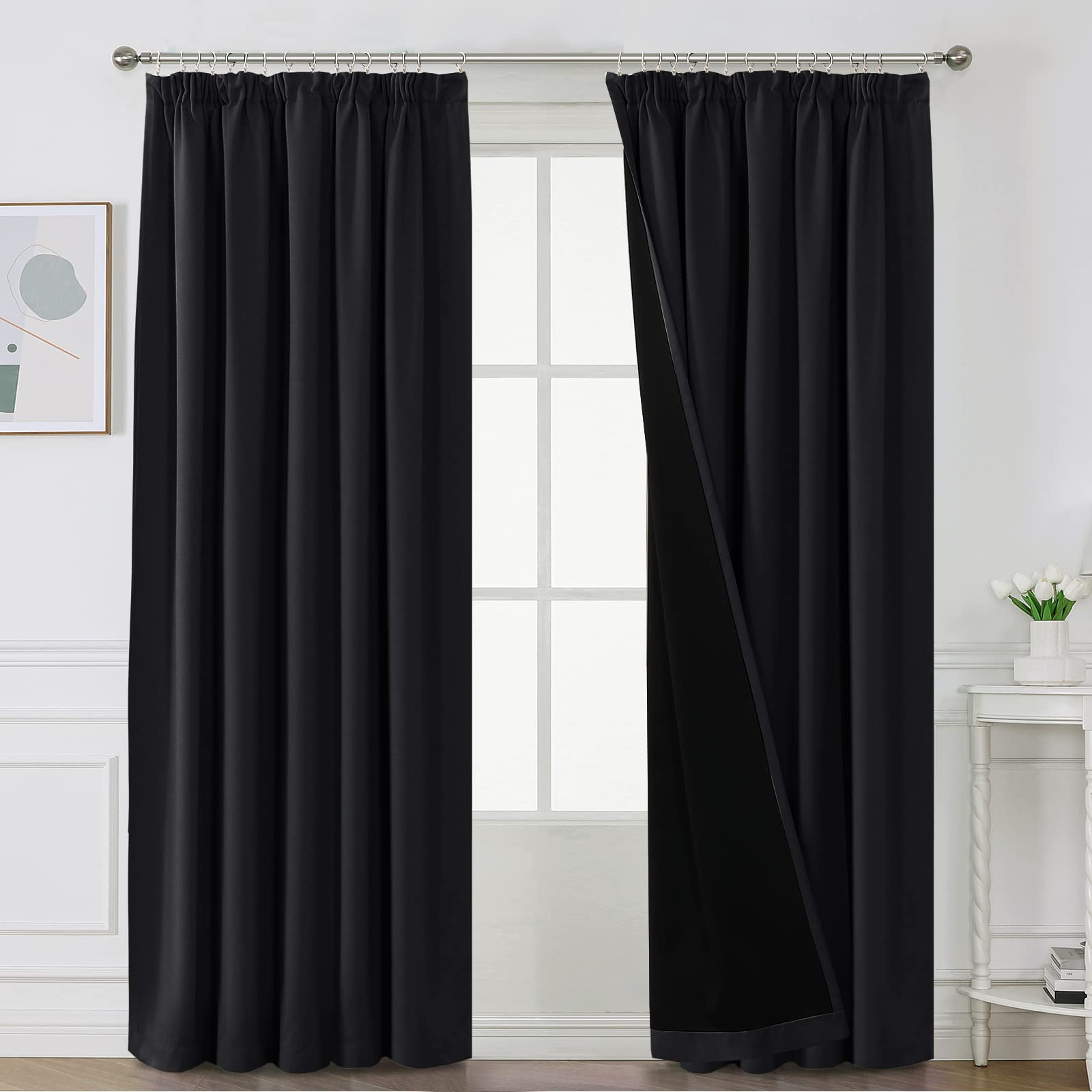 BellaHills 100% Blackout Curtains for Bedroom Thermal Insulated Curtains & Drapes Blackout Curtains Pencil Pleat Curtains for Living Room with Black Liner 2 Panels, 90 x 90 Inch, Black — image 1