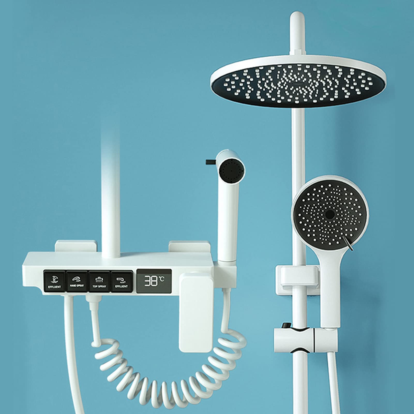 NGDFGR Digital Display Shower White, Thermostatic Bathroom Shower Faucet Set With 3 Modes Hand Shower, Tub Spout, Bidet Sparyer, Wall Mounted Bathroom Mixer Tap