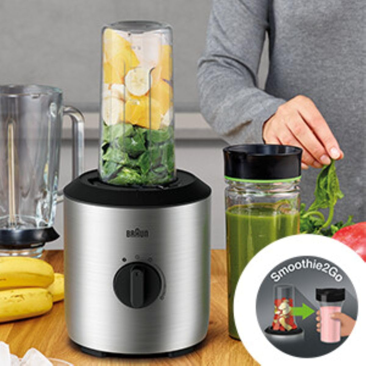 Braun Household PowerBlend 3 JB 3272 mikser stojący – szklana nasadka do miksowania 1,5 l, pomocnik kuchenny do rozdrabniania, przecierania i miksowania, w zestawie 2 butelki Smoothie2Go, 800 W, stal