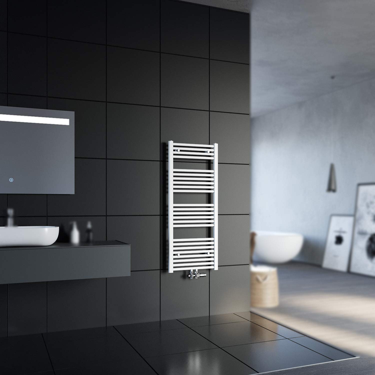 SONNI Grzejnik łazienkowy 1600 x 500 mm suszarka na ręczniki biały 490 W Design ogrzewacz do ręczników, przyłącze środkowe z białym termostatem Multiblock