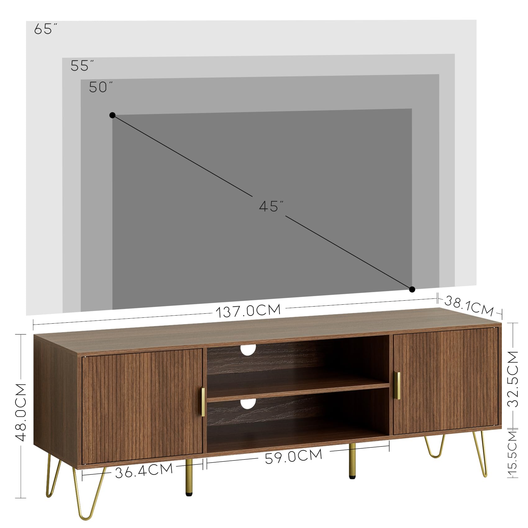 HEYZOEY Szafka pod telewizor do 60 cali, 2-drzwiowa szafka RTV z półkami do salonu, wykończenie w kolorze orzecha włoskiego, 137 x 38 x 48 cm