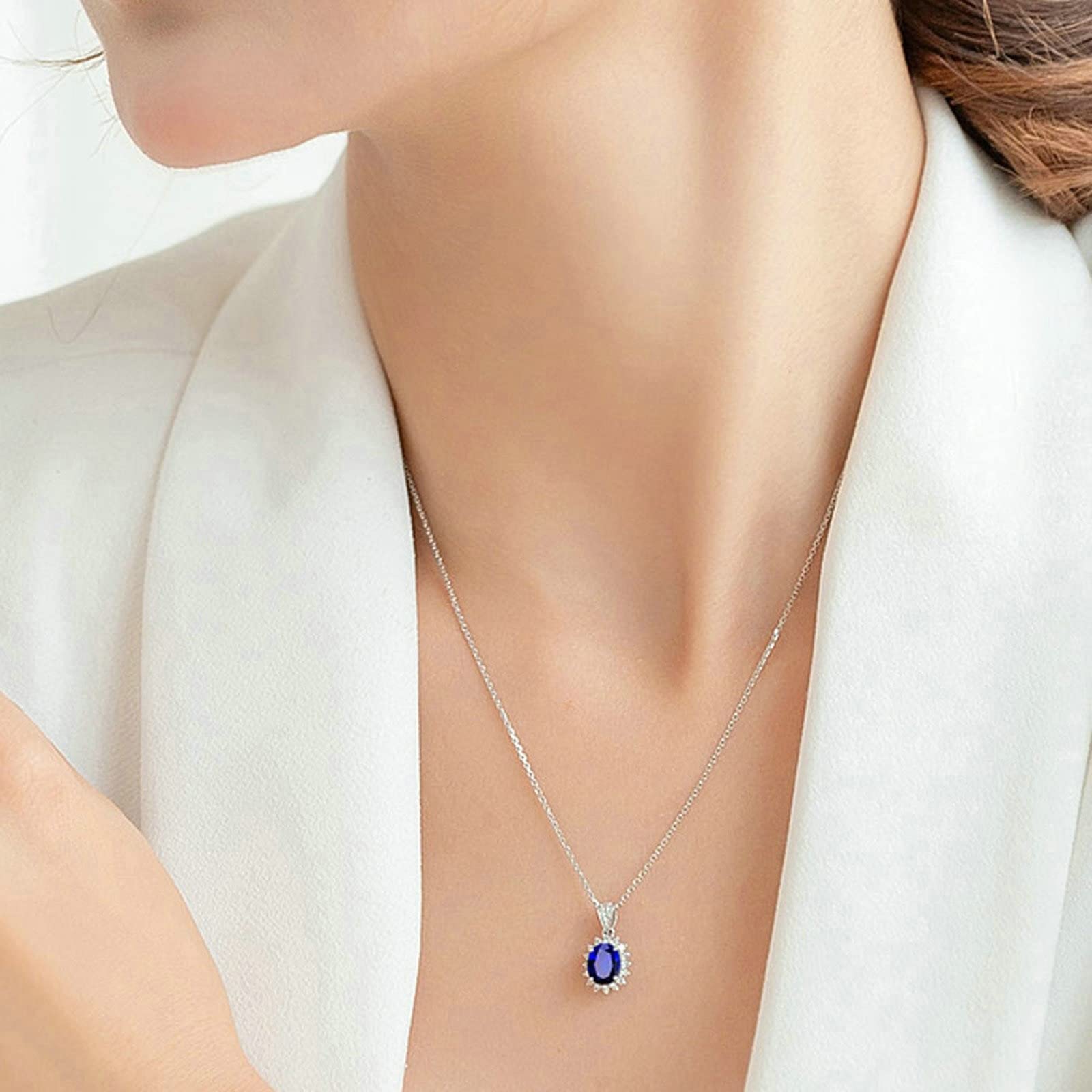 Collares colgantes para mujer, collares de oro blanco de 18 quilates para mujer, 0,58 quilates, zafiro azul, flor ovalada, collar de diamantes de imitación de plata