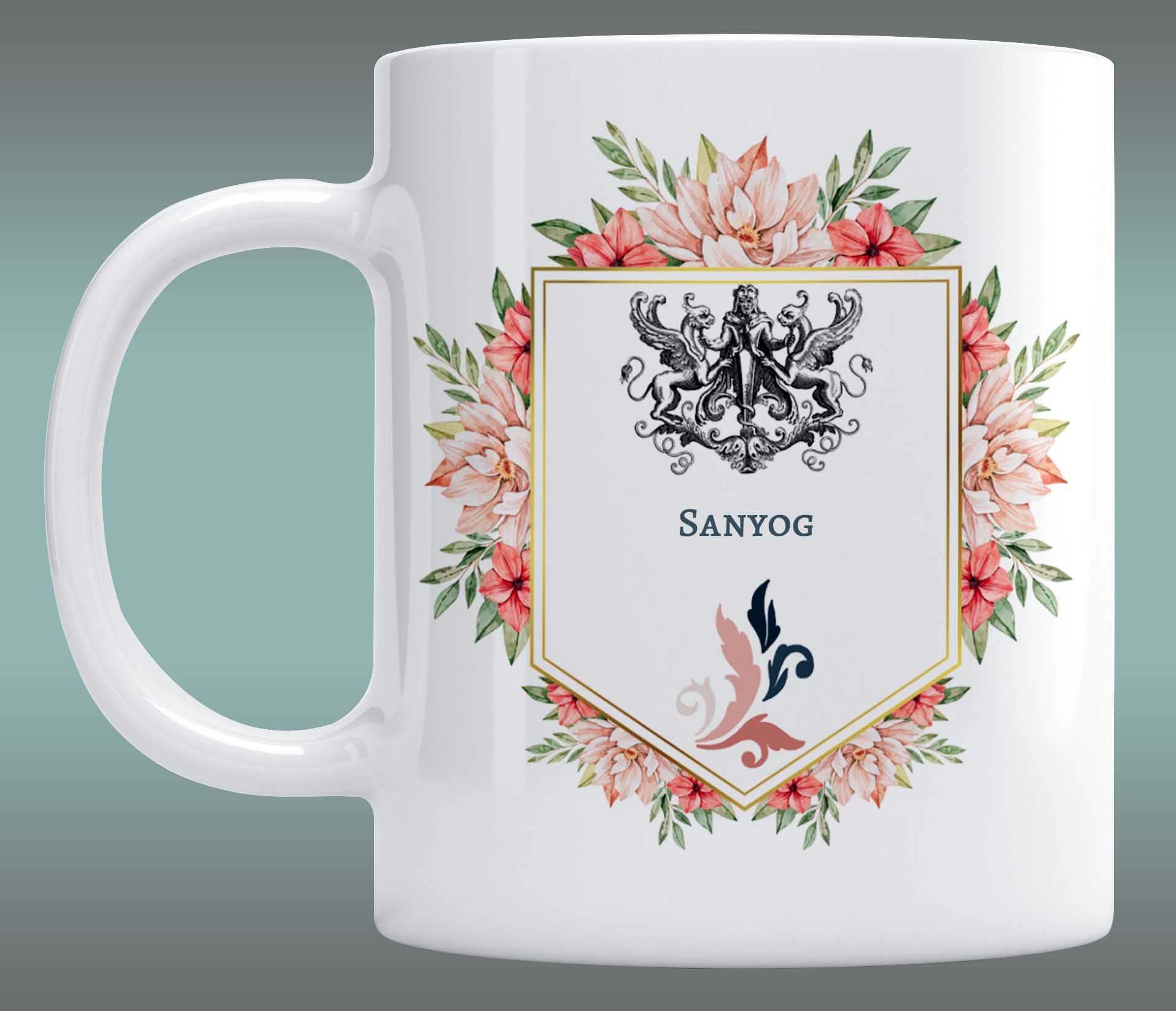 LOROFY Name Sanyog Printed Emblem Design White Ceramic Coffee Mug (350ML)