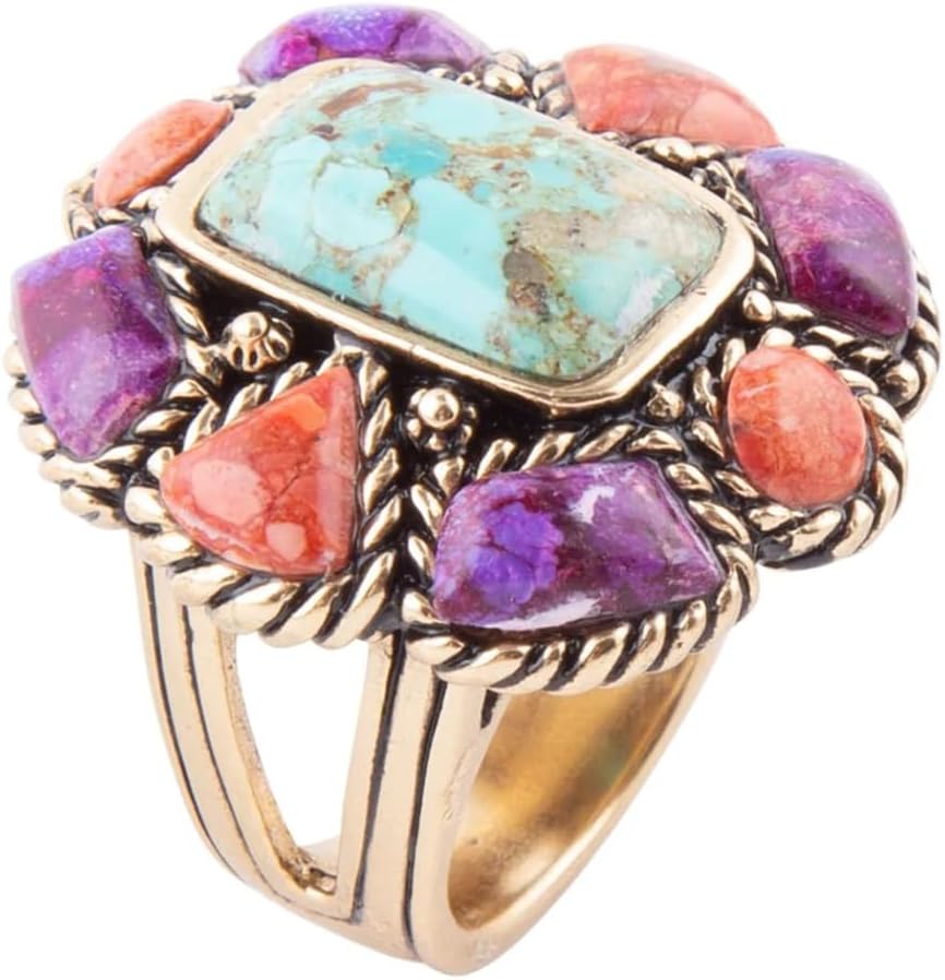 Barse Jewelry Blue Turquoise Colorful Floral Golden Ring