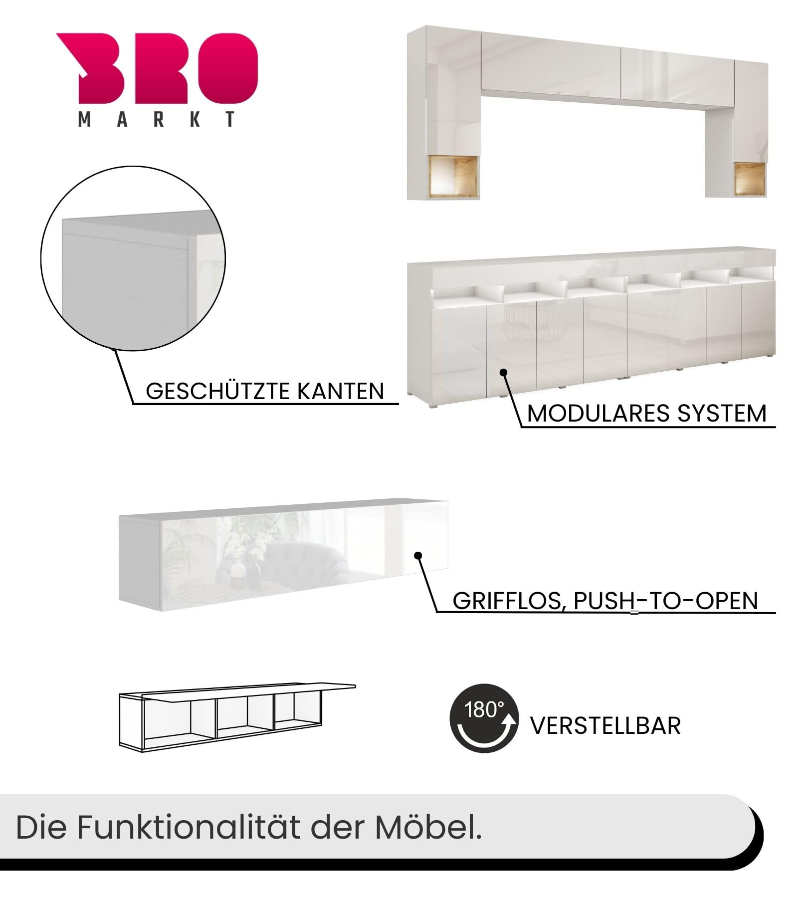 BROMARKT Premium Klapp-Hängeschrank 70x35x32 cm - Hängeschrank für Wohnzimmer, Schlafzimmer - Wandschrank Hängend - Platzsparende Hängeschränke - Hochglanz - Weiß