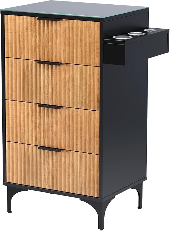 OmySalon Salon Station, Barber Station for Hair Stylist, Storage Cabinet with Glass Top & Drawers & Heat Resistant Dryer Holders, Modern Retro Style for Beauty Salon, Wood Black