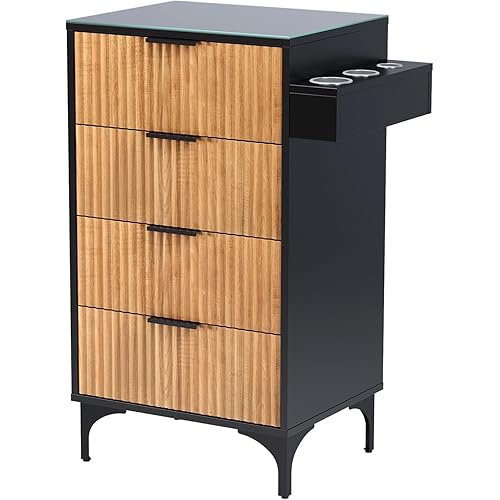 OmySalon Salon Station, Barber Station for Hair Stylist, Storage Cabinet with Glass Top & Drawers & Heat Resistant Dryer Holders, Modern Retro Style for Beauty Salon, Black