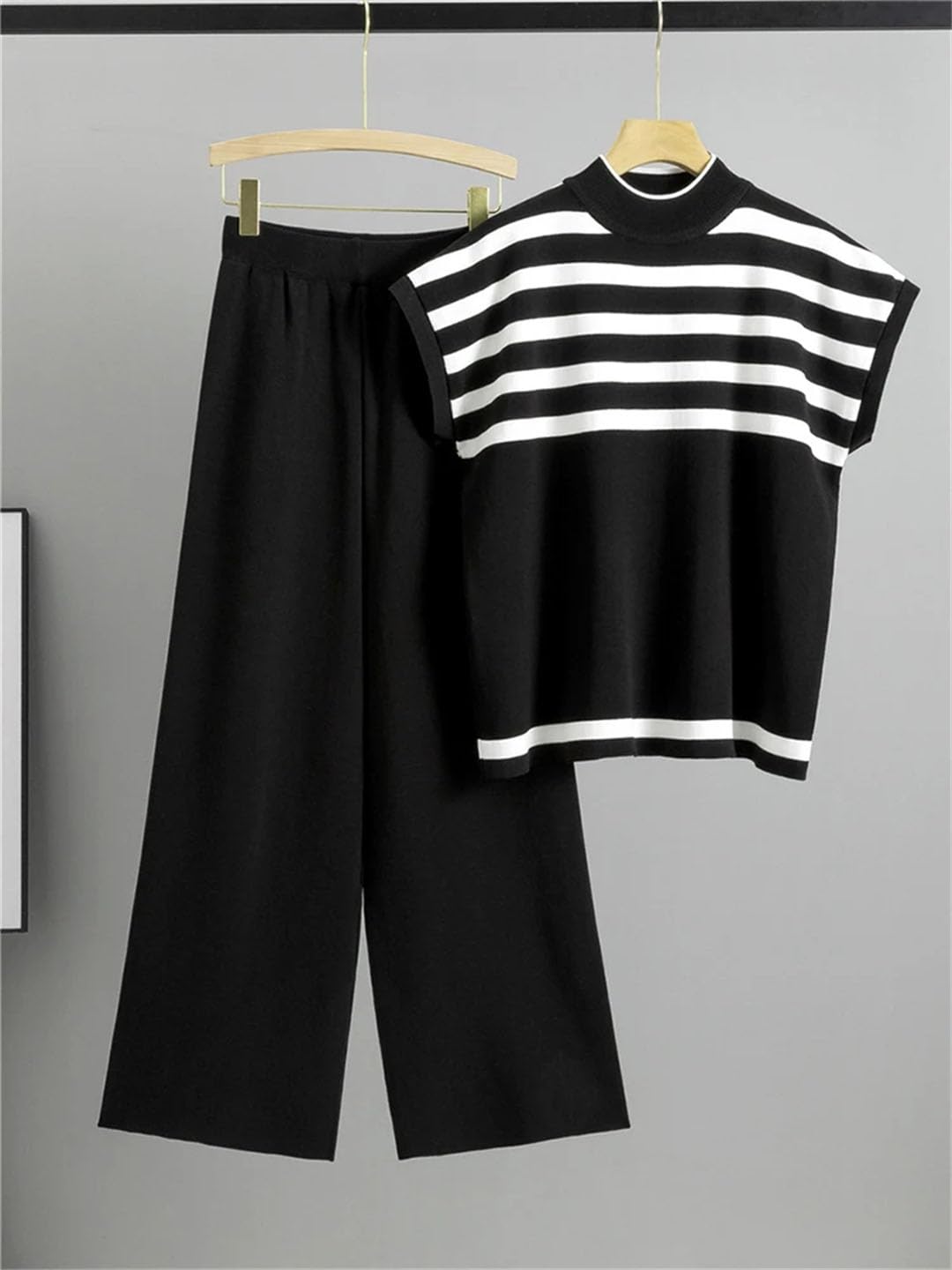 Donne Estate Seta Ghiaccio A Righe In Maglia Due Pezzi Slim Manica Corta Top Pullover Tee Conjunto Vita Alta Gamba Larga Pantaloni Abiti
