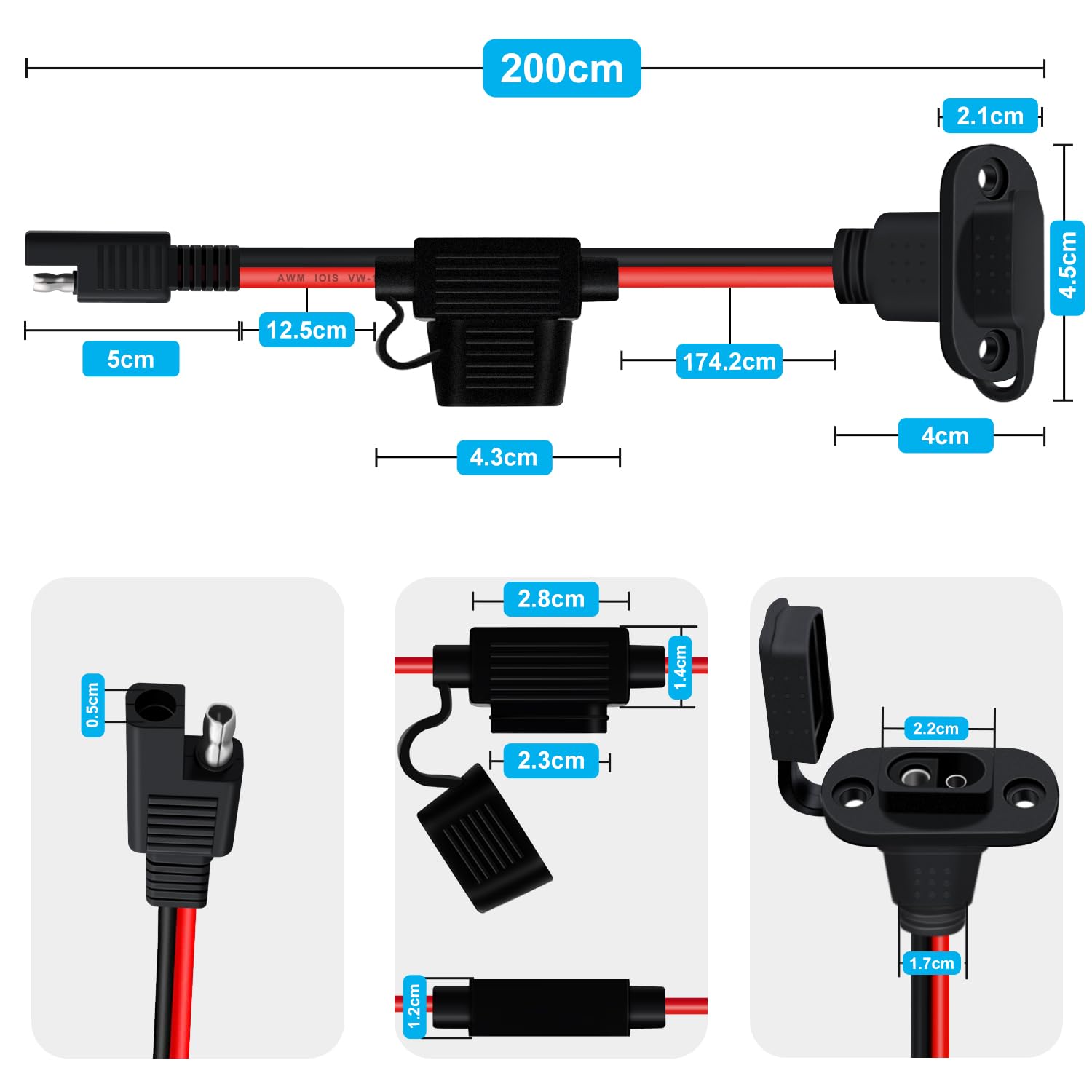 Presa SAE da Pannello con Fusibile 12AWG 25A Presa SAE Resistente Alle Intemperie 12V 24V per Moto, Automobili, Pannelli Solari (2 m/6.5 ft) - 5
