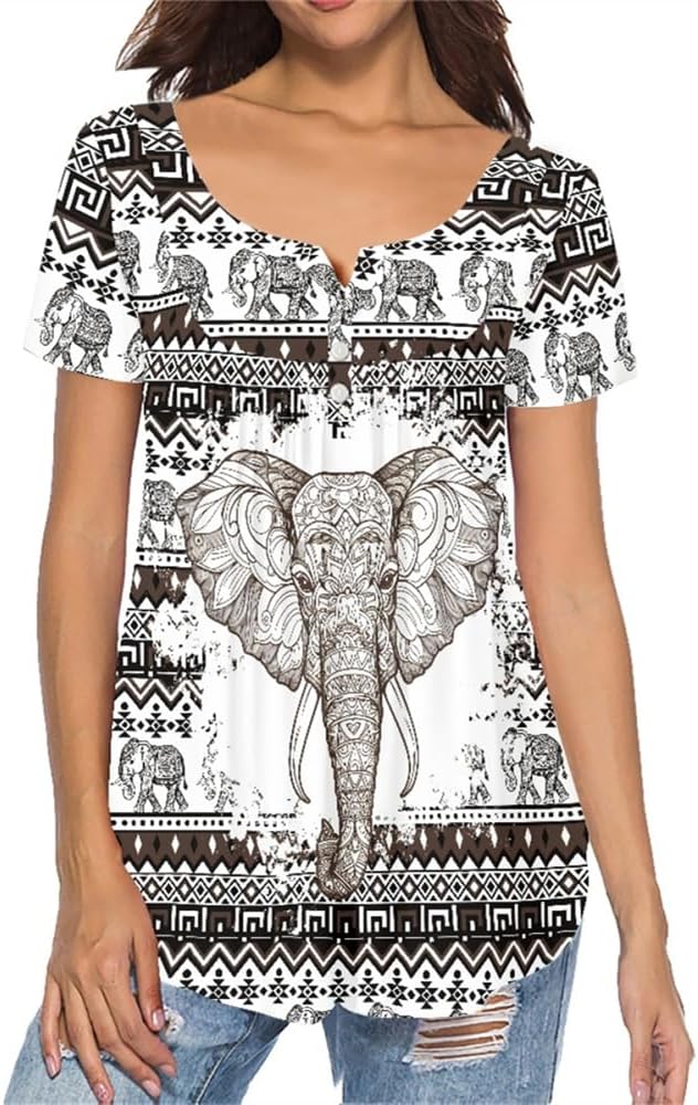 Women's Flamingo Printed Short Sleeve Henley Shirts V-Neck Casual Flowy Tunic Blouse Tops