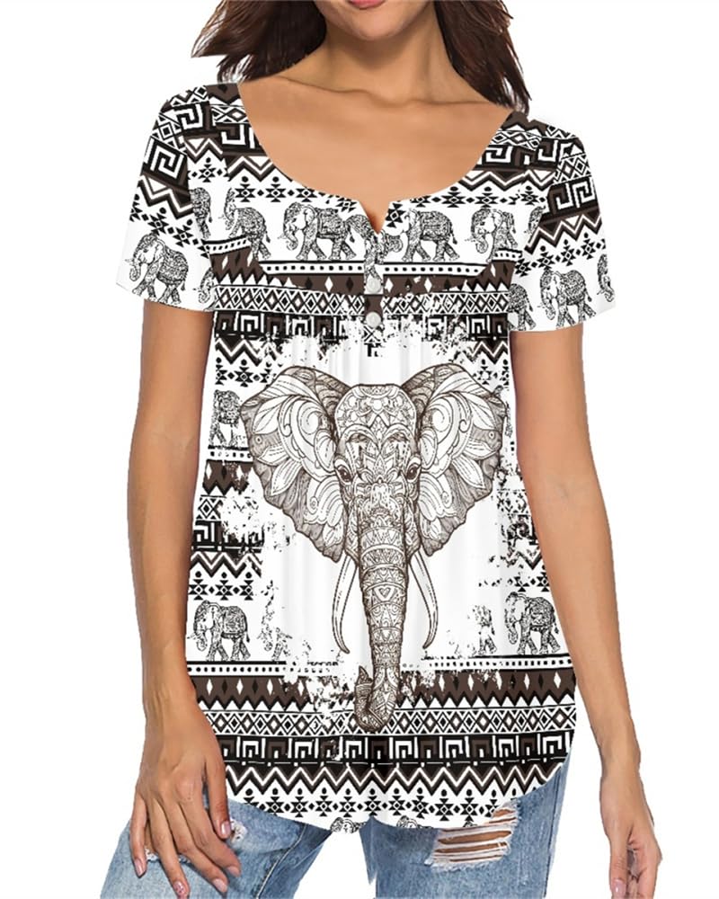 Women's Flamingo Printed Short Sleeve Henley Shirts V-Neck Casual Flowy Tunic Blouse Tops