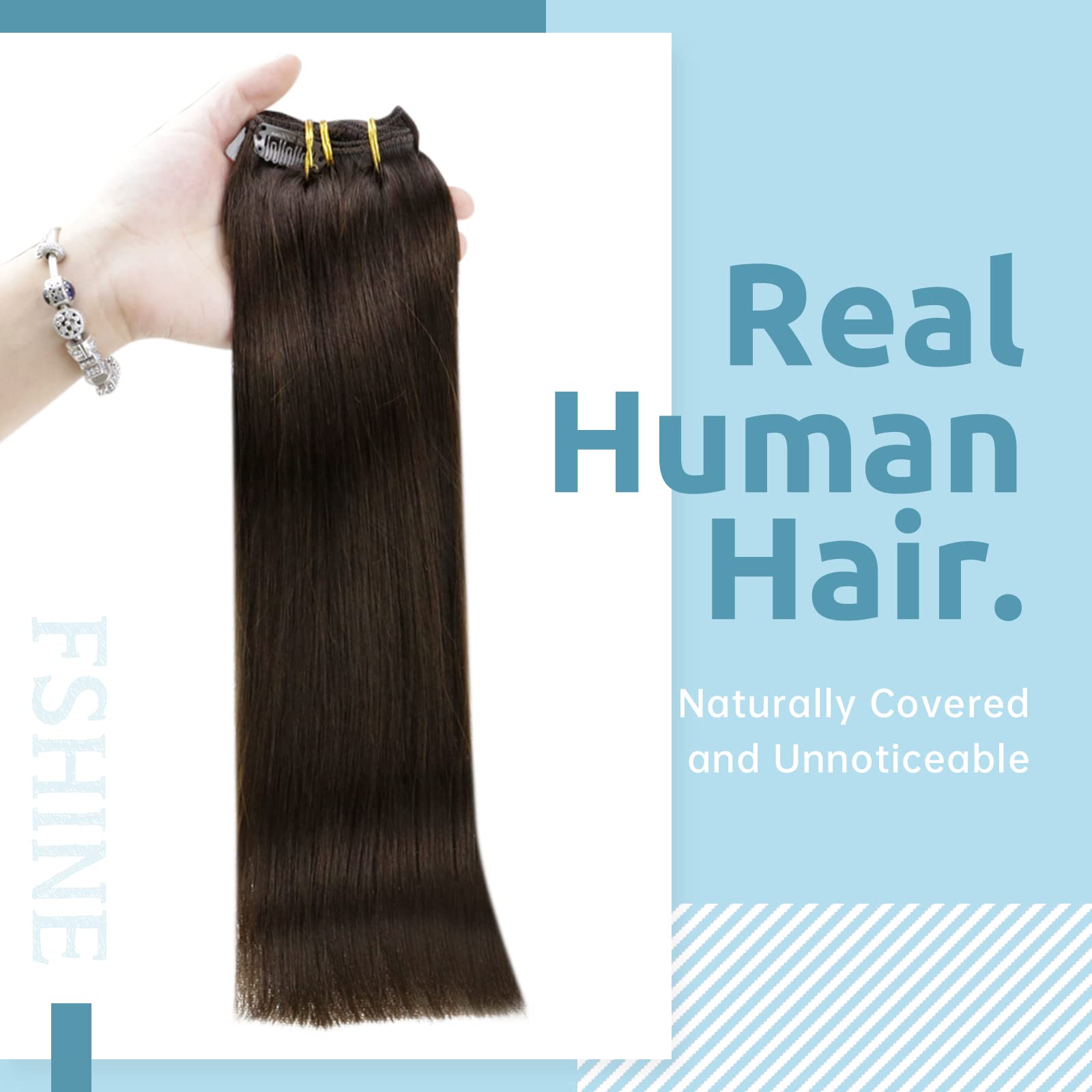 Fshine Capelli Veri Clip Extension 7 Pezzi 120g 60.9cm Extension Castano Scuro Capelli Veri per Donne Lungi Professionali Extension Lisci Capelli Colore 2 Clip in Hair Extensions Remy Human Hair