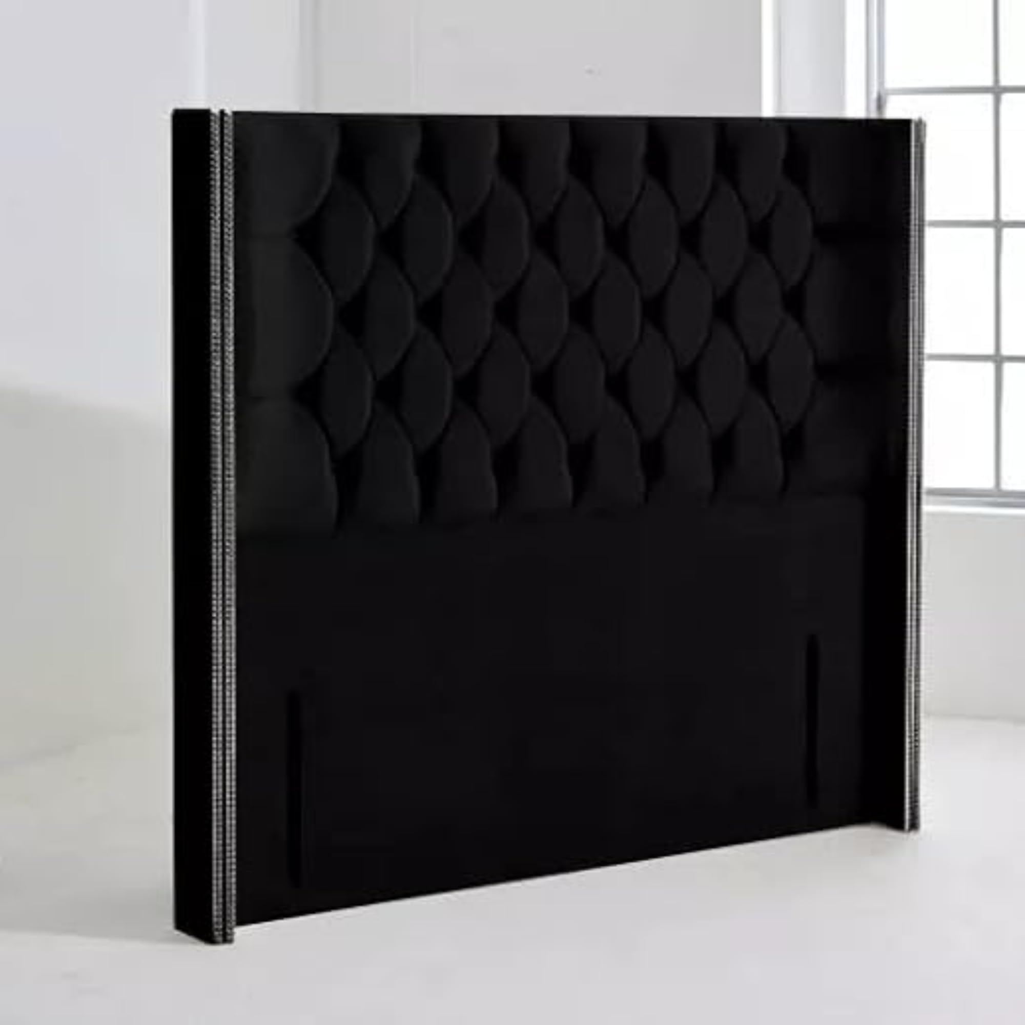 HB-1 Headboards for Beds - Chesterfield Wingback Divan Bed Headboard - 50" Soft Plush Velvet Tall Elegant Design Headboards for Divan Beds, Home Bedroom Hotel Furniture (Black Plush, 3FT Sing)