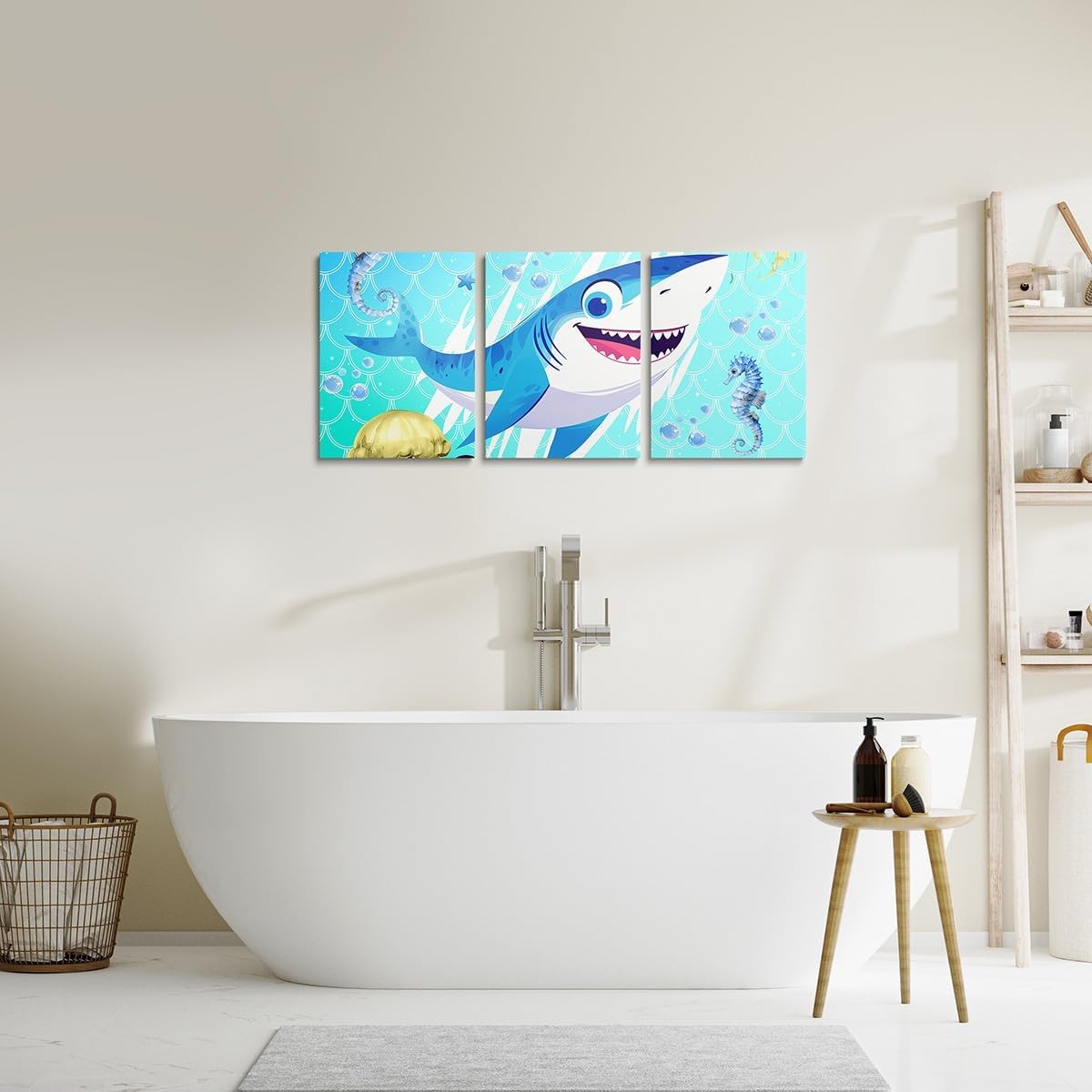 Feelyou Cartoon Cute Shark Canvas Wall Art Shark Blue Sea Ocean Wall Art Painting The Picture Print On Canvas Coastal Nautical Beach Animal Pictures for Living Room Home Decor Sea Decoration Gift 3pcs