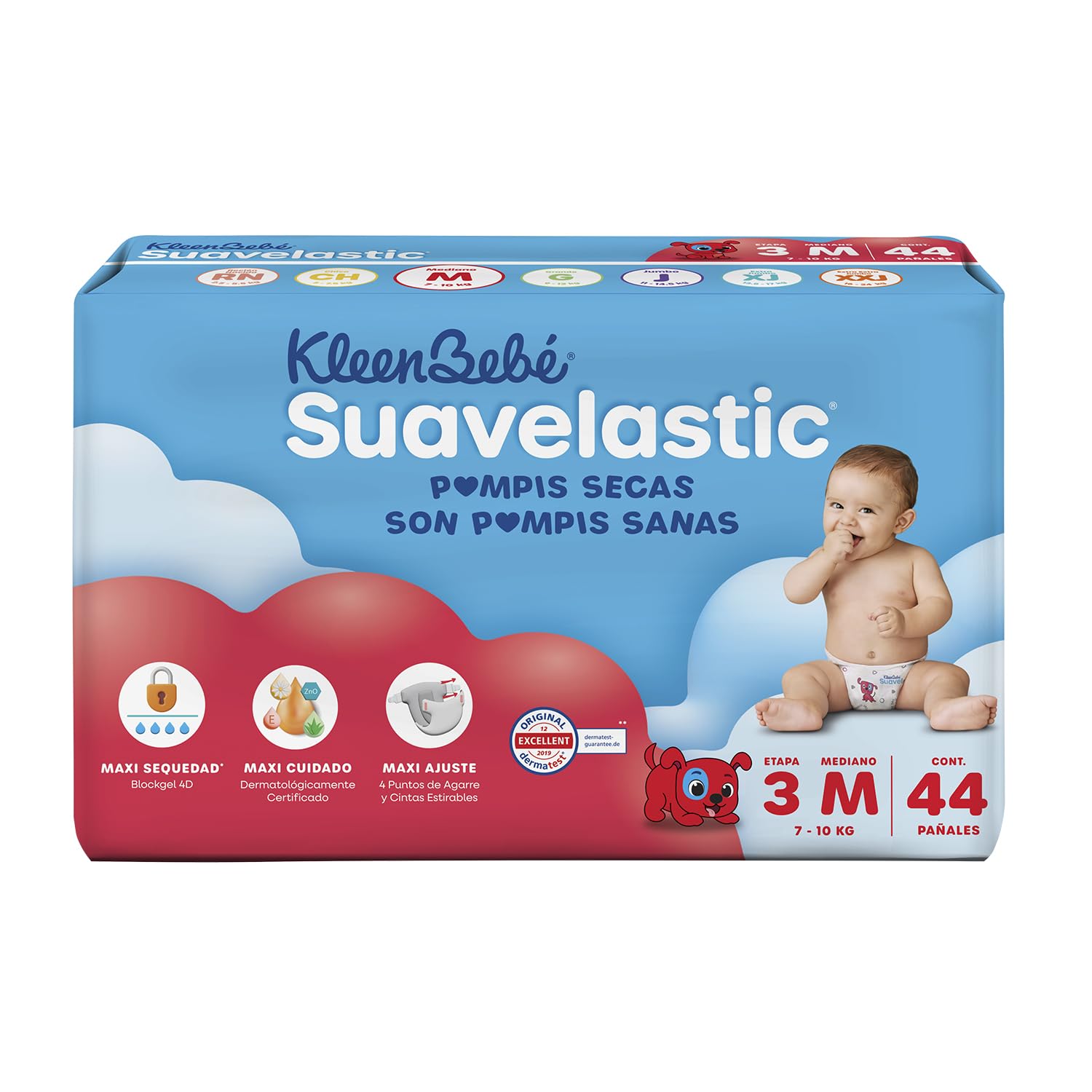 KleenBebé Suavelastic Pañal Desechable para Bebé, Talla Mediana Unisex, Paquete con 44 Piezass, Ideal para Bebés de 7 a 10 kg