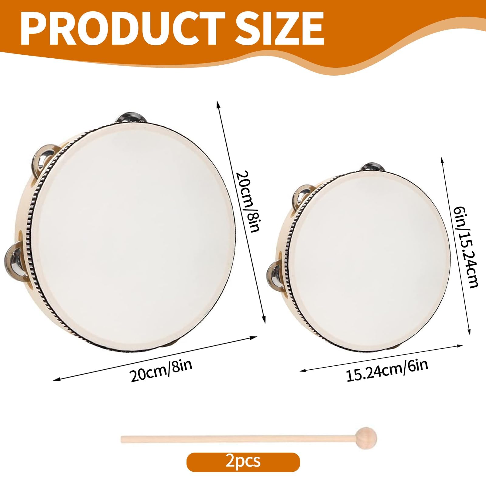 2 x bęben ręczny, 15 cm i 22 cm, drewniany bęben dla dzieci, tamburyn, z 2 pałeczkami, na imprezę, do szkoły i do wczesnej edukacji