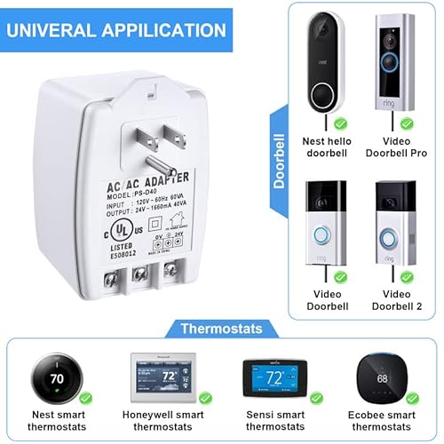 Hotop 24Vac, 40 Va Ac Transformer Plug In With Ptc Fuse Compatible With Ring Nest Doorbell Ul Listed #TOP1
