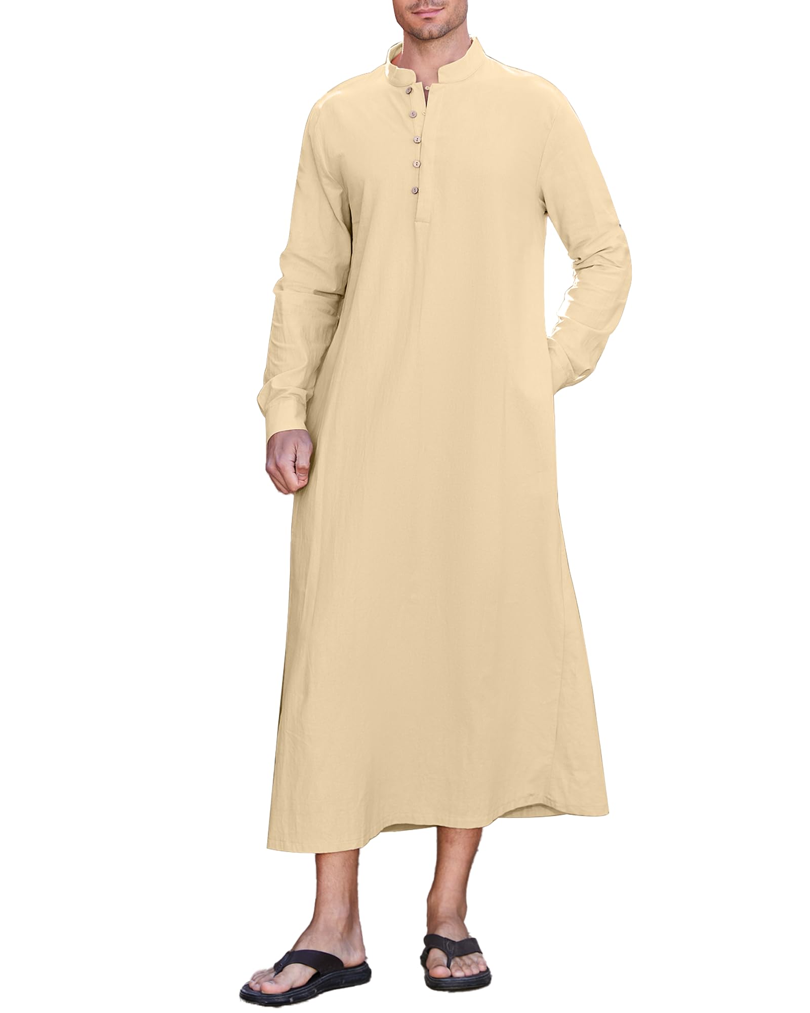 NANAMEEI Mens Kaftan Thobe Cotton Kaftan for Men Button down Islamic Thobe for Men Long Sleeve Robe Casual Muslim Gown Kurta