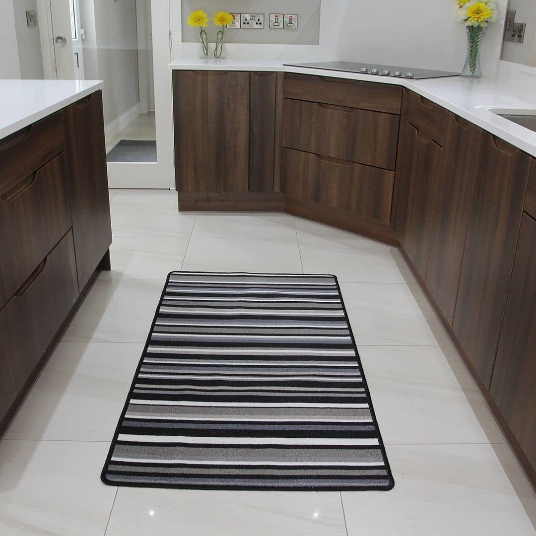 The Rug House Black and Grey Stripe Affordable Machine Washable Anti Creep Kitchen Mat - 2’2” x 3’7”