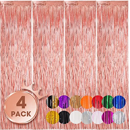 Image of Voircoloria 4 Pack Rose Gold Foil Fringe Backdrop Curtains, Tinsel Streamers Birthday Party Decorations, Fringe Backdrop for Graduation, Baby Shower, Gender Reveal, Disco Party