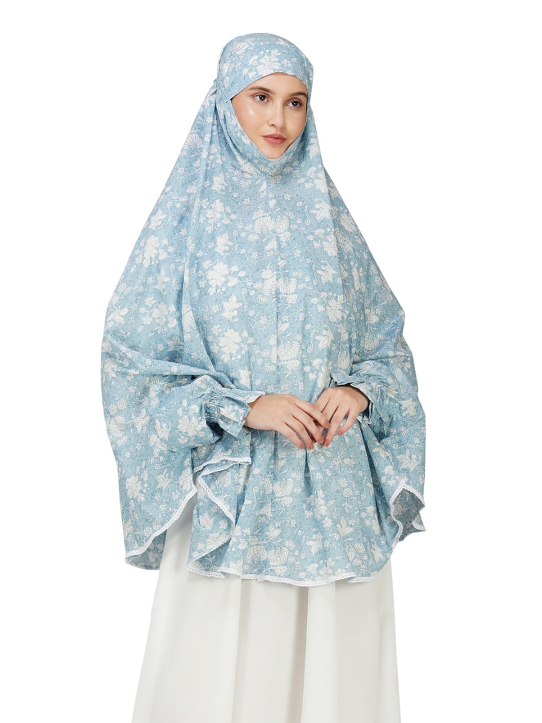 ANA Maham Blue Floral Prayer Dress – Soft Cotton Namaz Makhna with Tie Knot | Lightweight, Breathable for Hajj, Umrah & Salah