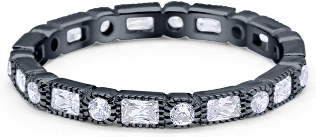 Blue Apple Co. 3mm Art Deco Full Eternity Wedding Band Baguette Round Cubic Zirconia 925 Sterling Silver Choose Color