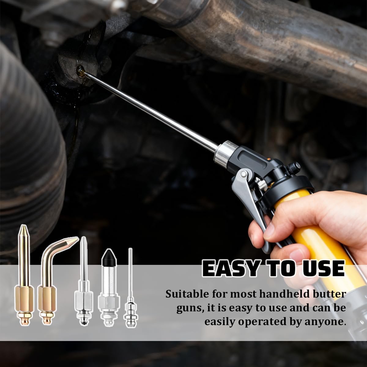 7PCS Car Grease Gun Accessory Kit, Including 3 Grease Nozzles 1 Needle Dispenser Rubber Joint Fitting Bent Straight Nipple, Auto Tip Fitting Tool, Compatible with Narrow Tight Space