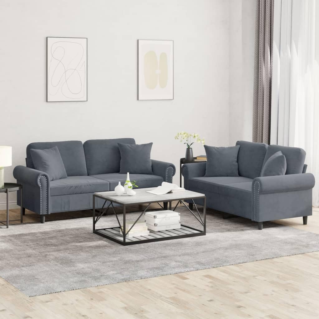 Terciopelo suave estructura resistente ideal para sala Gris 152x77x80 cm | Juego de sofás 2 plazas con cojines gris oscuro terciopelo para sala de estar, moderno y resistente con estructura de metal,
