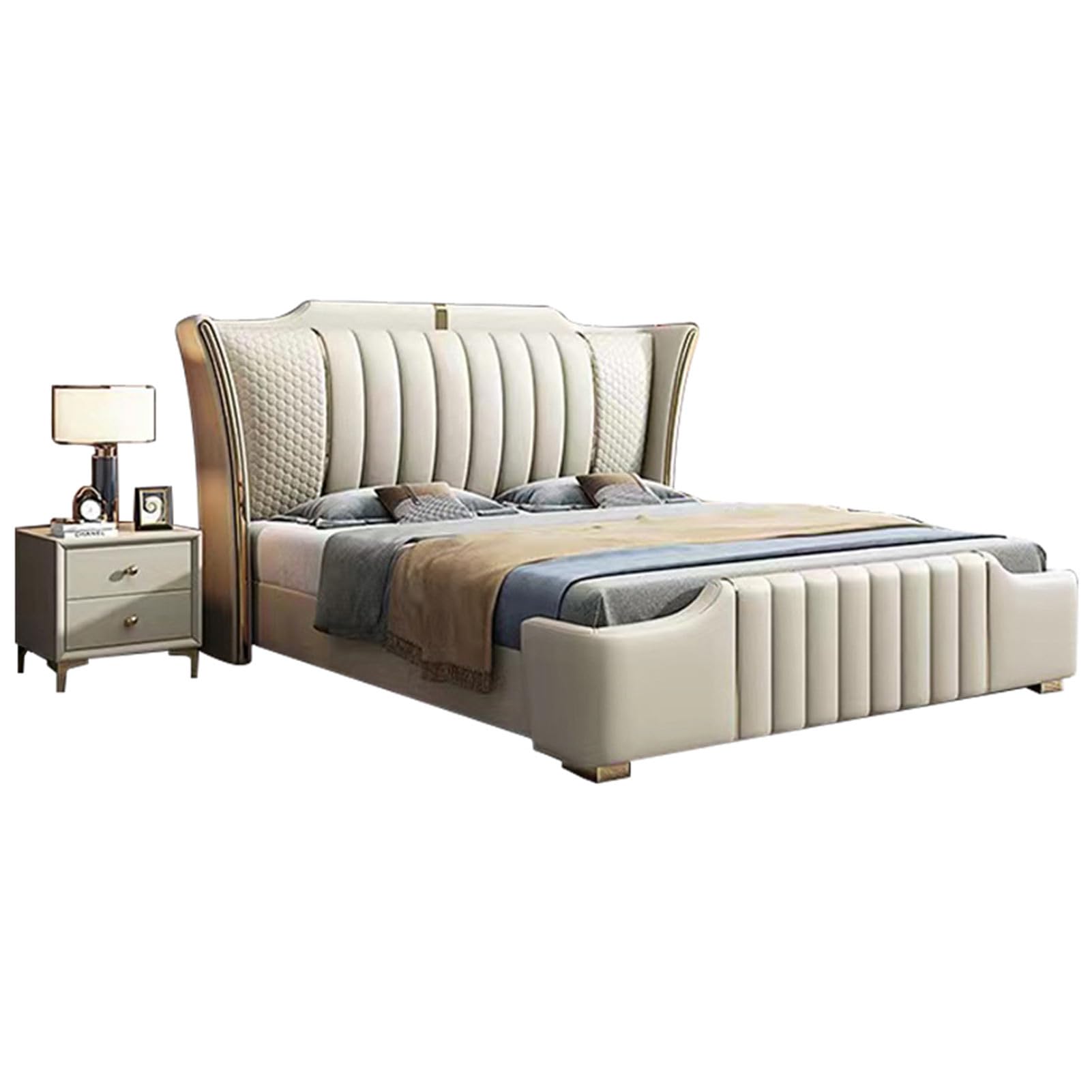 King Size Genuine Leather Wood Bed Upholstered Platform Bed Frame Thick Padded Headboard with Storage Headboard and Lift