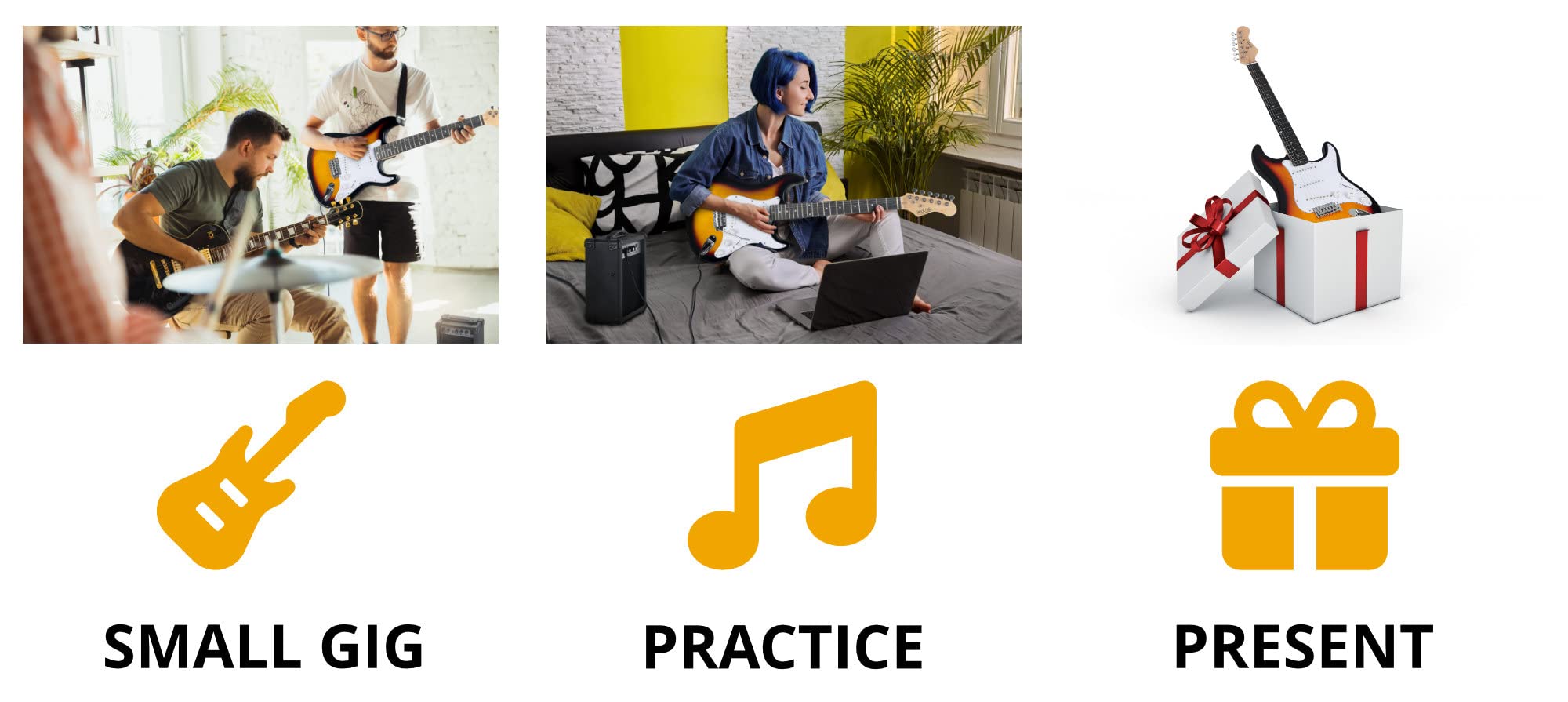 Rocktile Banger's Pack Komplettset E-Gitarre Sunburst (Verstärker, Tremolo, Tasche, Kabel, Gurt, Plecs, Ersatzsaiten und Schule mit CD/DVD)