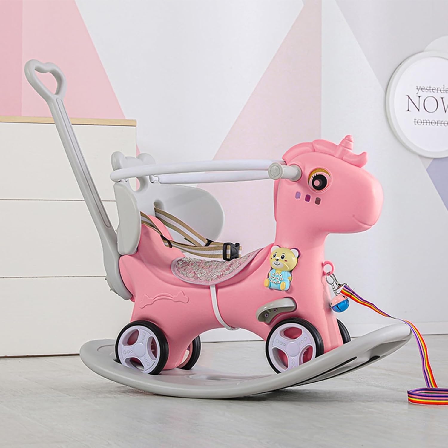 4 in 1 Rocking Horse for Toddlers 1.5-3 Years Old, Balance Bike Ride On Toys with Push Handle, Baby Rocking Toy Backrest and Balance Board for Baby Girl and Boy Fun Birthday Gift (Pink)
