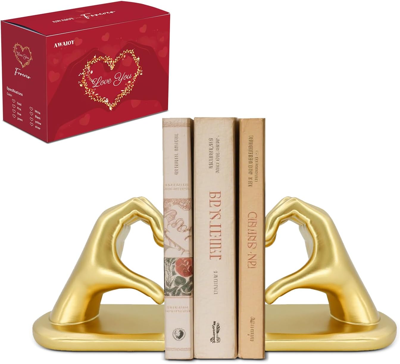 Gold Heart Bookends for Heavy Books, Decorative Resin Book Ends for Shelves, Heavy Duty Book Stopper for Modern Home Decor, Heartwarming Gift for Mom (1 Pair)