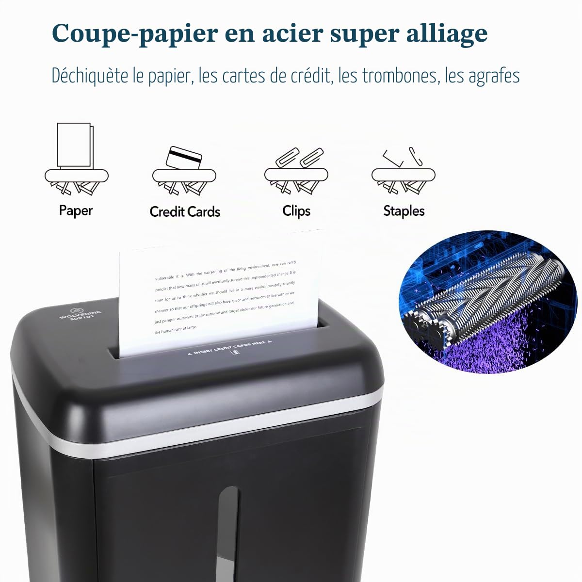 Wolverine Destructeur de Documents à 8 Feuilles P5 Haute sécurité avec Micro Coupe pour Papier Lourd et Cartes de crédit, Ultra Silencieux, avec bac Amovible d'une capacité de 17 l SD9101 (Noir)