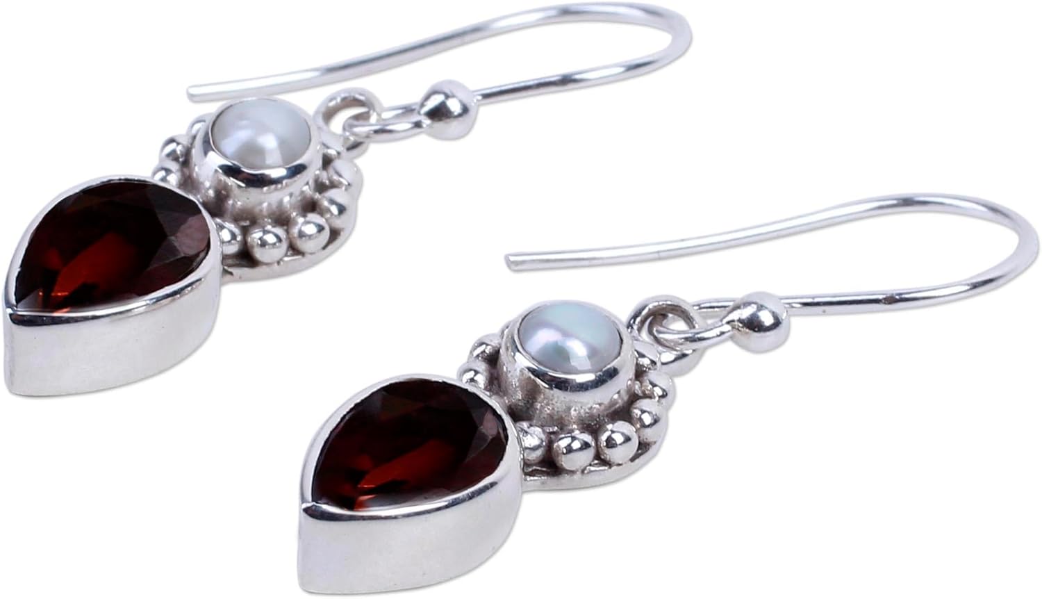 NOVICA Artisan Handmade Sterling Silver Dangle Earrings | White Cultured Pearl and Garnet | Indian Birthstone Jewelry | 'Scarlet Tear' | 1.4" L x 0.3" W