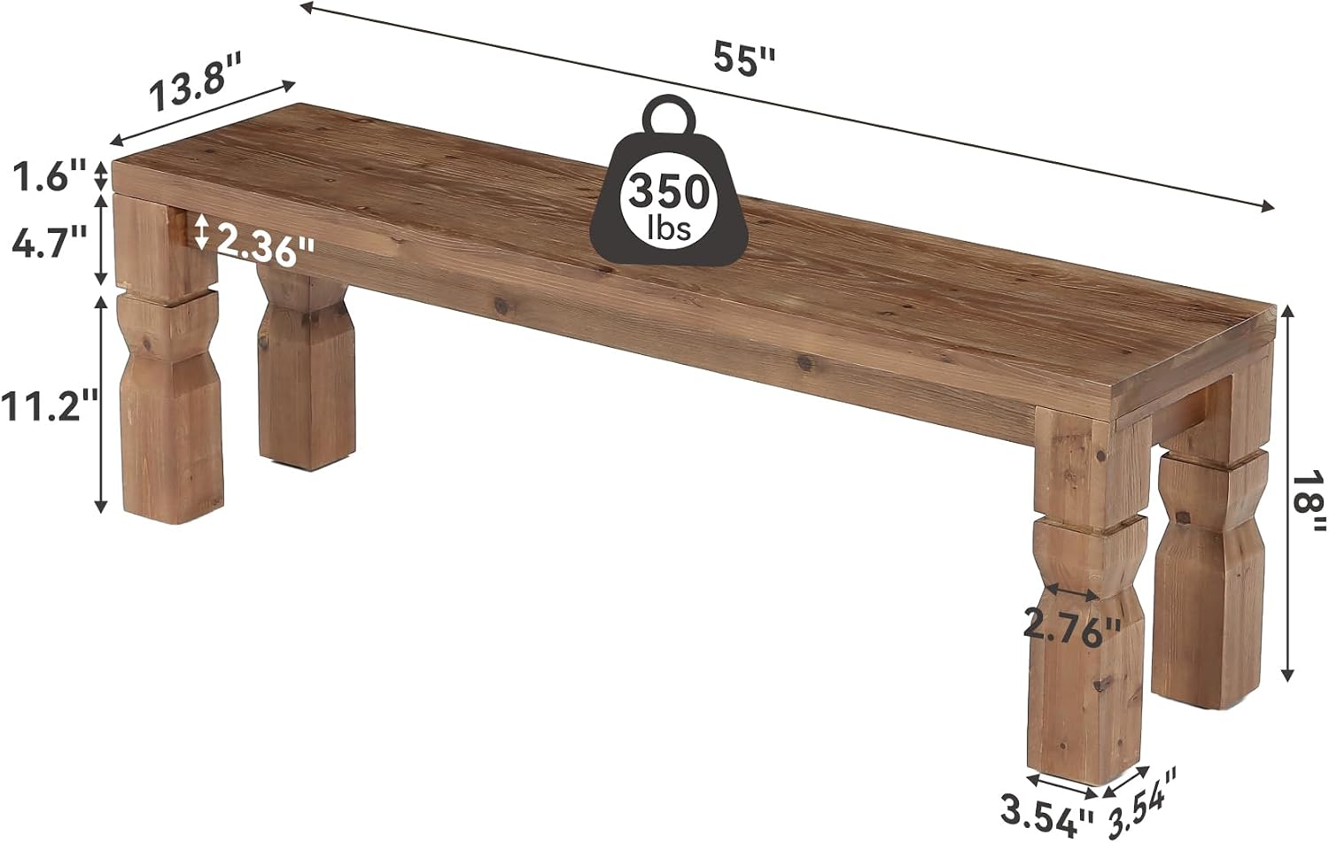 LITTLE TREE Solid Wood Bench, 55-Inch Long Farmhouse Wooden Bench Seat for Entryway, End of Bed, Dining Room, Living Room, Easy Assembly, Rustic Brown