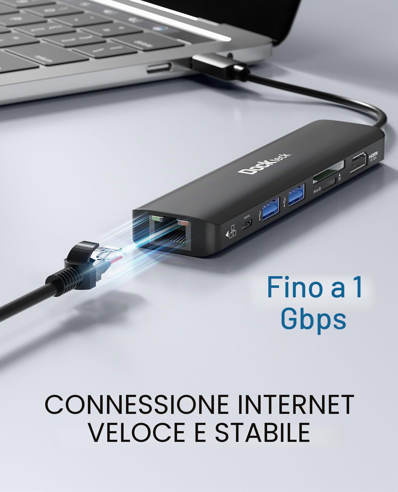 Adattatore USB C Hub Ethernet Dockteck 7 in 1 Docking Station, adattatore USB-C con HDMI 4K 60Hz, LAN RJ45, 100W PD, SD/Micro SD, 2 USB 3.0, per Steam Deck, MacBook/iPad, Surface Pro 7