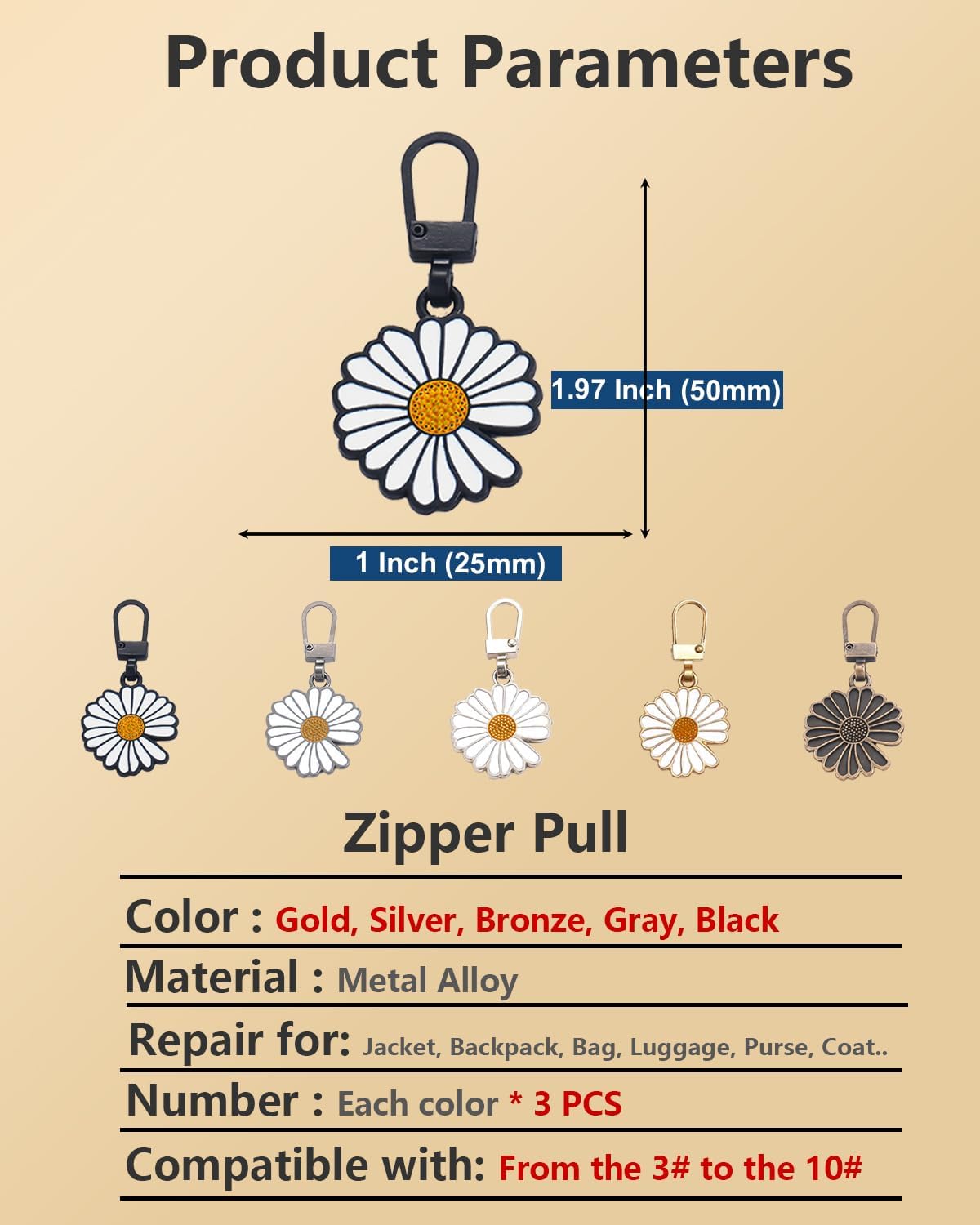 15 Pcs Zipper Pull Replacement Universal Replacement Zipper Pull tab Repair for Jacket, Backpack, Bag, Luggage, Purse, Coat, Pants (Daisy 5 Colors, Gold, Silver, Bronze, Gray, Black)