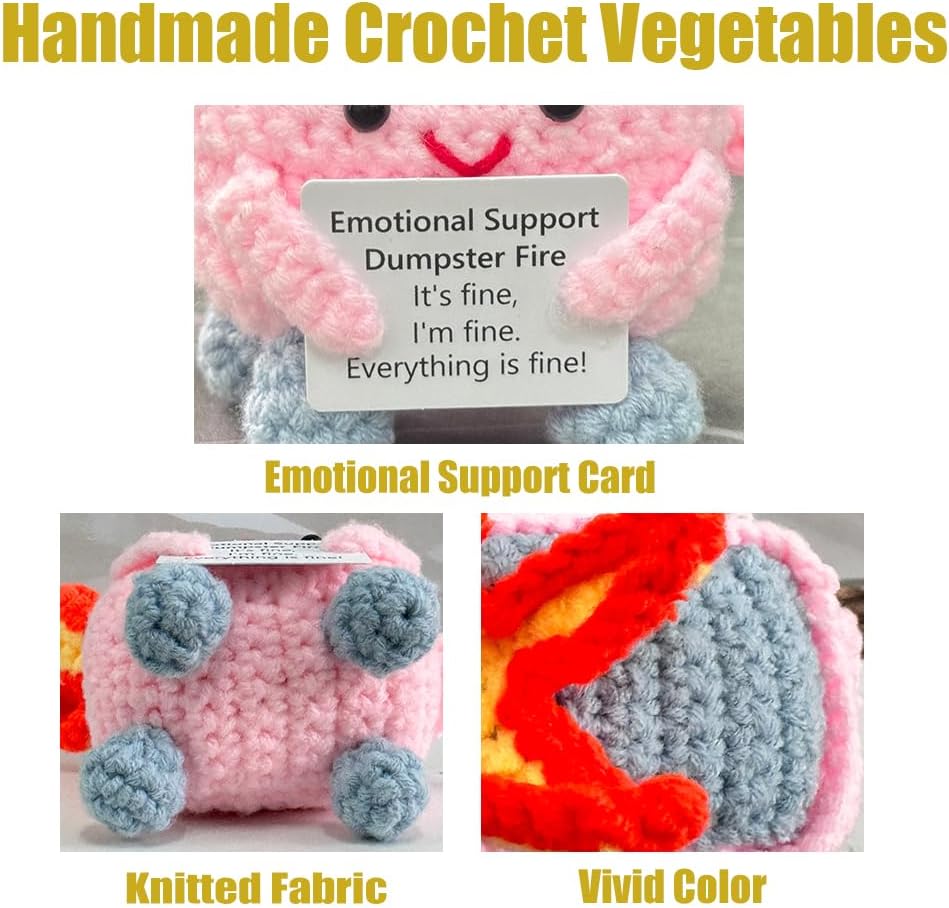 RovyFota Easter Gift Emotional Support Crochet Dumpster Fire with Positive Card Cute Room Decor Knitted Toys Funny Crochet Support Buddies Gifts for Friends (Pink)