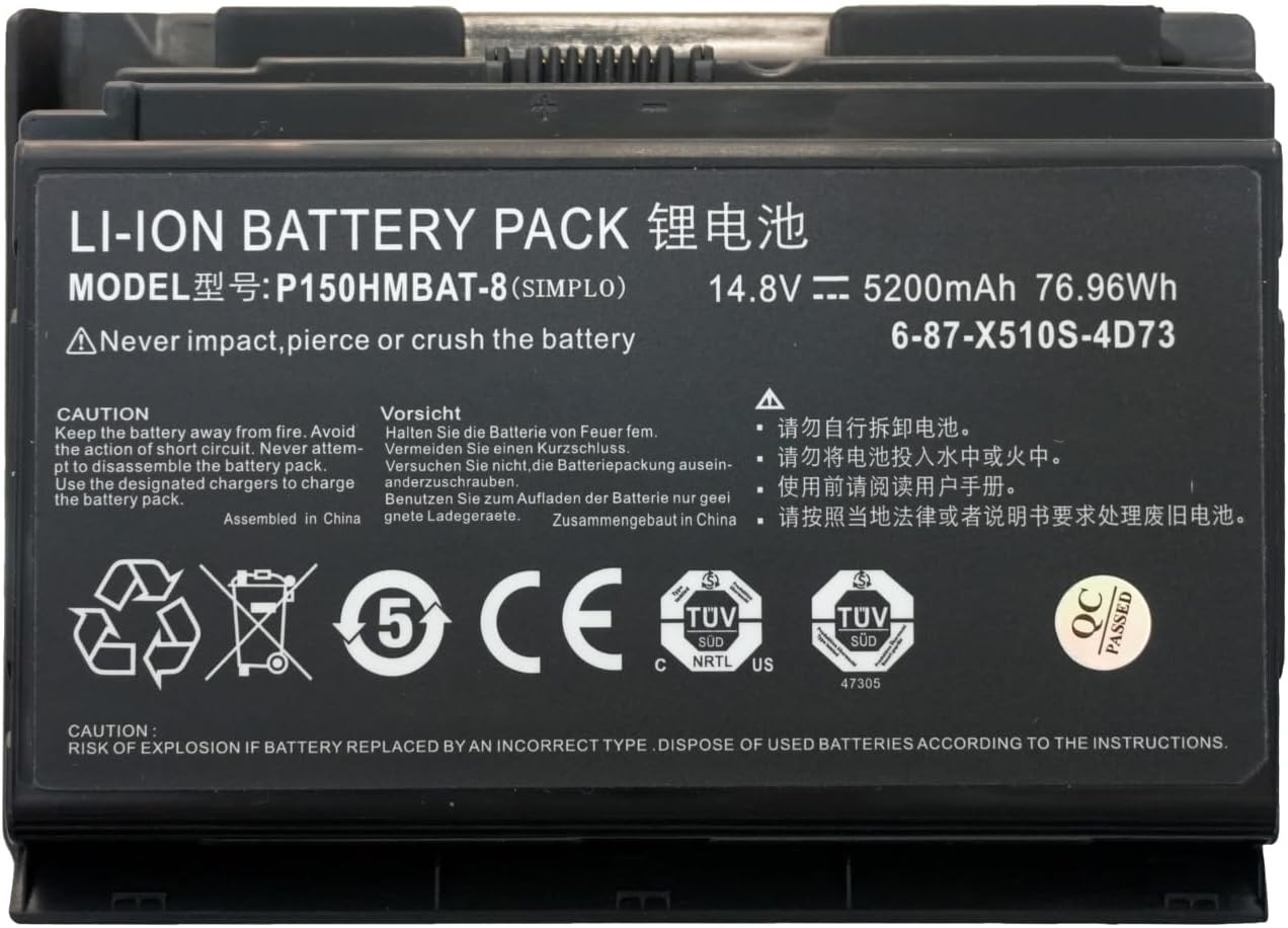 P150HMBAT-8 X510S 6-87-X510S-4D71 6-87-X510S-4D72 6-87-X510S-4D73 6-87-X510S-4D74 6-87-X510S-4J71 6-87-X510S-4J72 Laptop Battery Replacement for CLevo P150SM P150HM Sager NP8268-S (14.8V 76.96Wh)