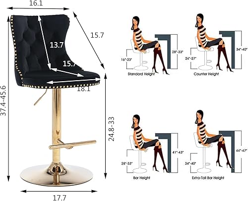 Miniatura 52 de Aoowow Juego de 2 taburetes de bar giratorios ajustables con respaldo de terciopelo copetudo, sillas de bar modernas tapizadas con cabeza de clavo