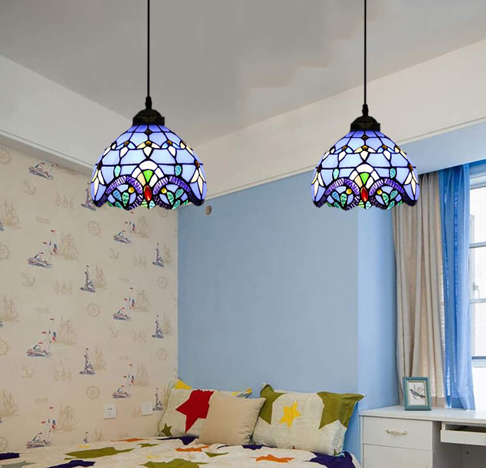 Lámpara Colgante De Estilo Tiffany para Isla De Cocina, Accesorio De Vitral Barroco, Lámpara Colgante Grande Hecha A Mano para Pasillo, Sala De Estar, Comedor, Cafetería,Púrpura,8inch