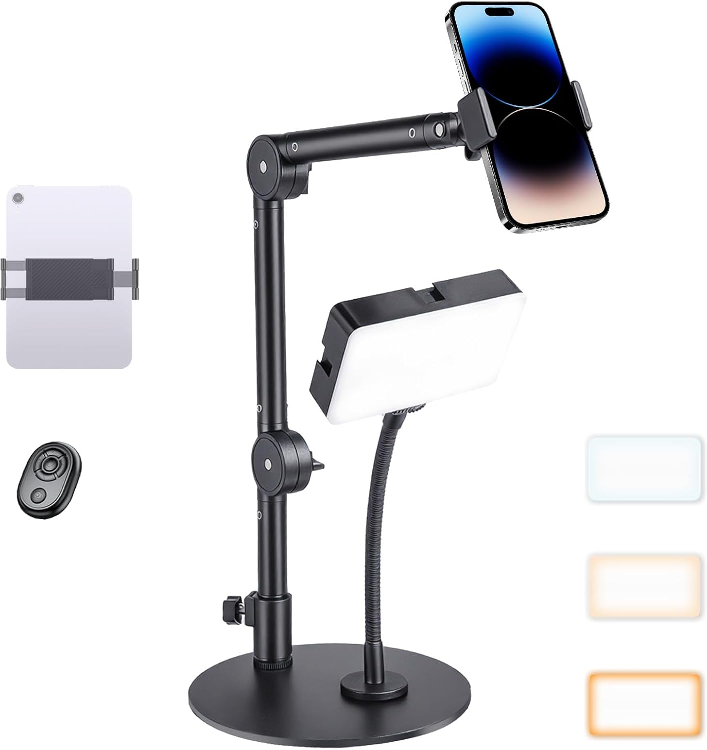 Yoobao Overhead Phone Mount for Desk, Selfie Light with Desk Mount, Rechargeable Selfie Light with Phone Holder for Video Recording, Meeting, Live Streaming TikTok YouTube