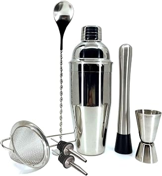 Paslanmaz Çelik Kokteyl Shaker Seti, Karıştırma Kaşığı, Jigger, Muddler ve Süzgeç Dahil, Gümüş 500 cl