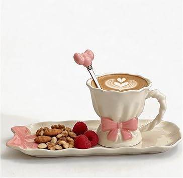 7Oz Ceramic Mug And Saucer Set Premium Coffee Mug Cute Personalized Porcelain Cups for Women Latte Cup Hot Chocolate Drinkware for Office Home Daily Use Gifting,White and pink