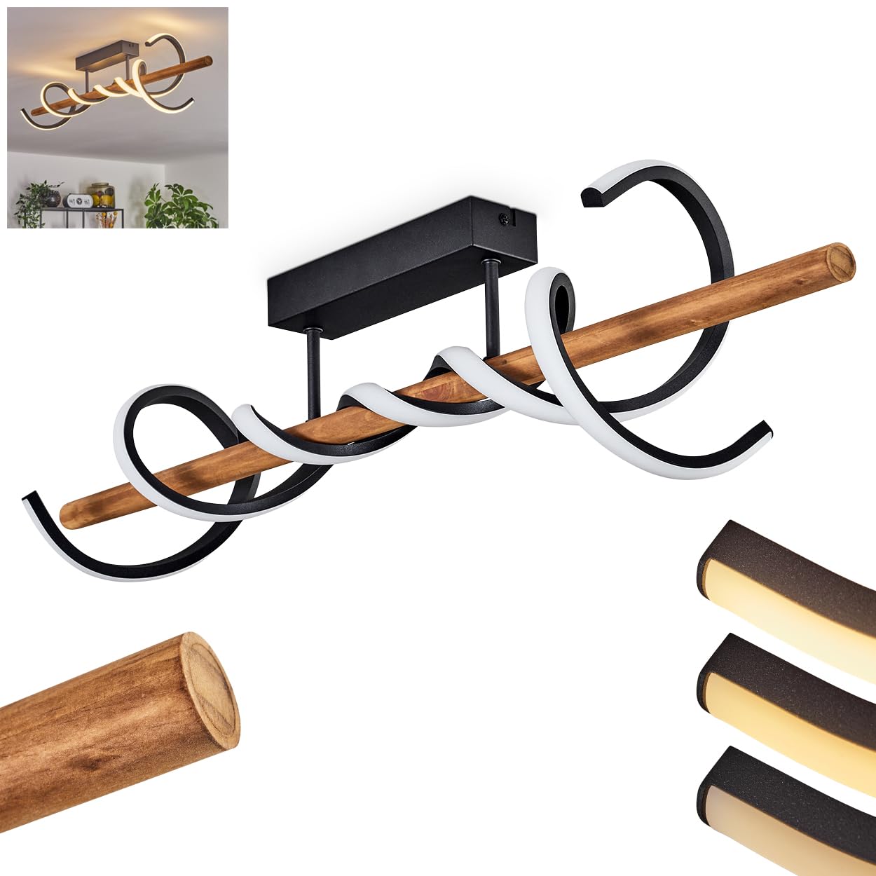Hofstein Black Led Ceiling Light Alvarim, Dimmable Ceiling Light Made Of Metal/Wood/Plastic In /Natural/White, 38 Watts, 5200 Lumen, 3000 Kelvin, Length Of Wooden Rod 80 Cm, Dimmable Via Light Switch