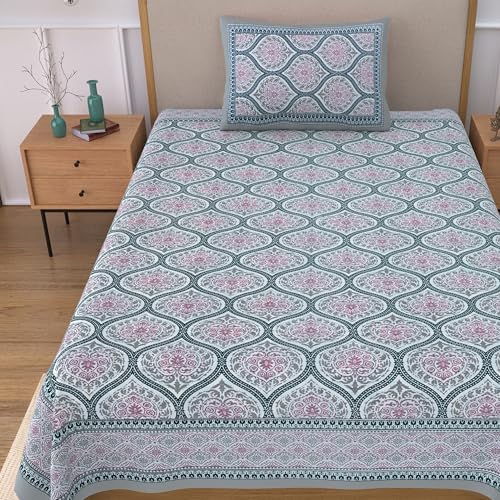 Image of 100% Cotton Single Bedsheet with 1 Pillow Cover | 240 TC Pure Cotton Flat Bed Sheet | Traditional Jaipuri Printed Bedding Set | Soft & Breathable | 60 x 90 Inch (Rangmahal Single 16)