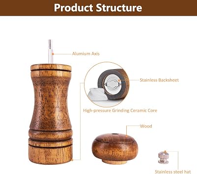 Salt and Pepper Grinders Set,Manual Wooden Salt and Pepper Mills Shakers, Ceramic Rotor with Strong Adjustable Coarseness (Wooden)
